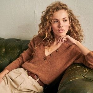 Sezane Jumper V-Neck Sweater with Button Detail